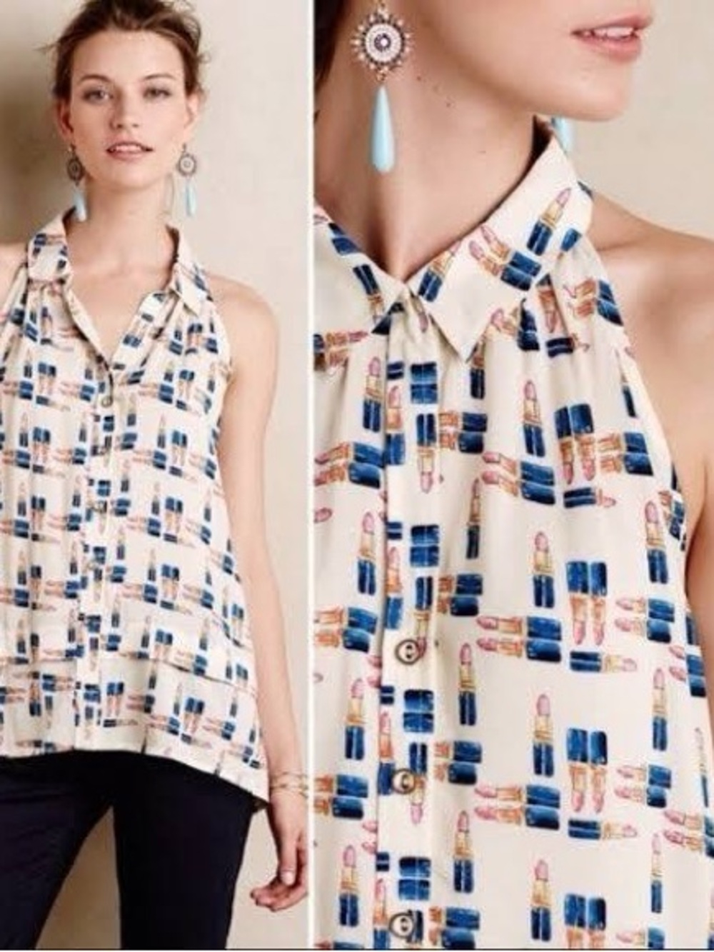 Anthropologie Maeve Tesni Sleeveless Collared Swing Blouse Lipstick Novelty Glam
